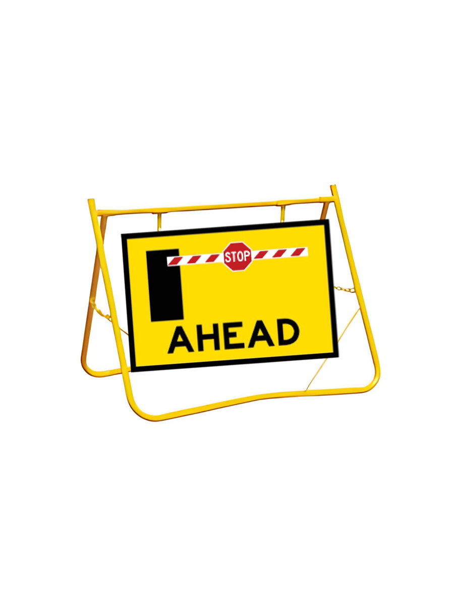 T1-272ASsLOW Portaboom Ahead Sign  900mm x600mm with Swing Stand Low Clearance