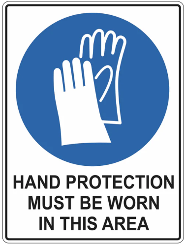 HAND PROTECTION MUST BE WORN IN THIS AREA 600mm x 450mm POLY