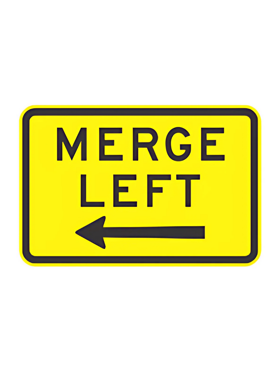 W8-15BL   Merge Left + Arrow   750mm x 500mm WARNING SIGN