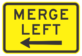 W8-15BL   Merge Left + Arrow   750mm x 500mm WARNING SIGN